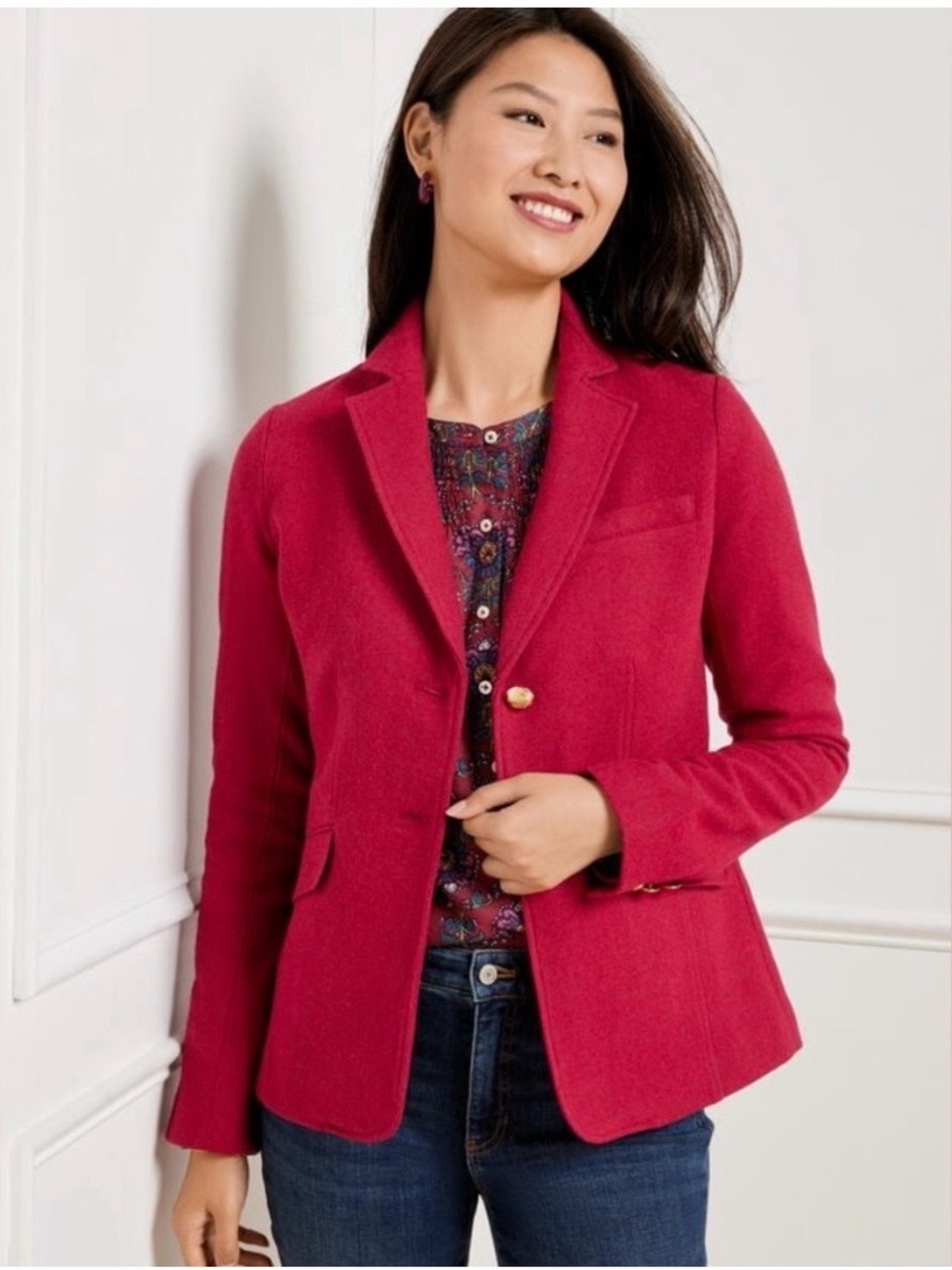 Talbots Deep Red Wool-Blend Tailored Blazer with Gold Buttons